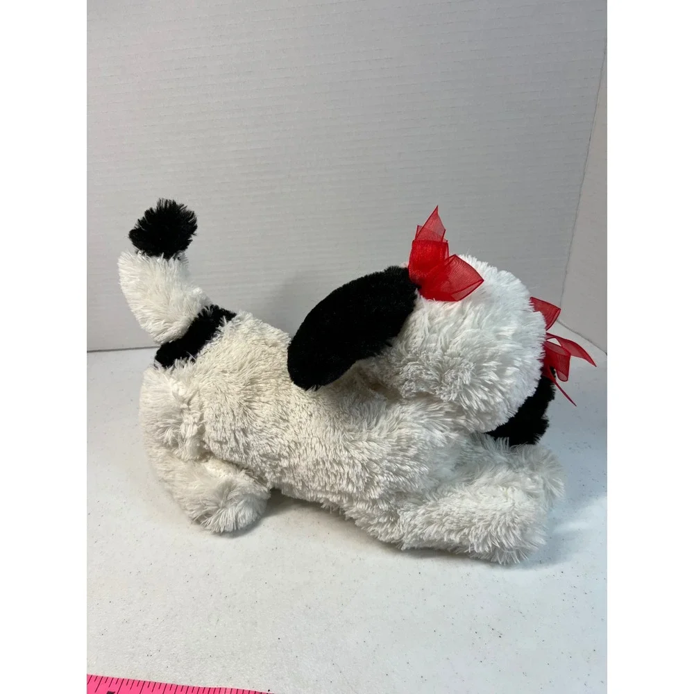 CVS Black White Spotted Puppy Dog Plush Red Bows Shaggy Stuffed Animal 12 Inch